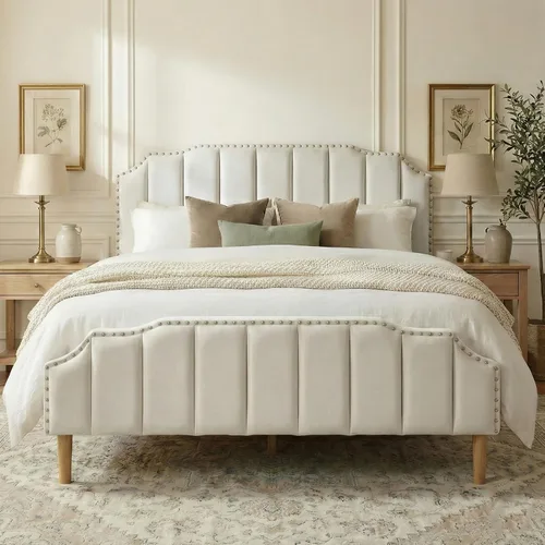Vista 11 de Base de cama matrimonial con cabecera de almacenamiento con respaldo alado de 51.8 pulgadas, plataforma tapizada gris con estación de carga (tipo C)