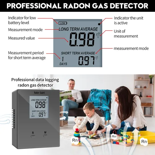 Vista 3 de Detector de radón para el hogar, medidor de radón portátil, monitor de radón a largo y corto plazo, alimentado por batería, previene niveles Gris