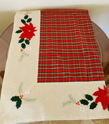 Vista 3 de AMT - Mantel de lino bordado de Navidad con diseño elegante (36 x 36 pies cuadrados/redondo)