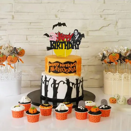 Vista 4 de 1 pieza de decoración de pastel de cumpleaños asesino ensamblada con purpurina de terror clásico de Halloween para tema de terror sangriento Negro