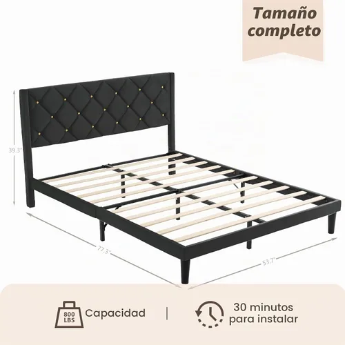 Vista 2 de Base de cama de plataforma de tamaño matrimonial con cabecero de terciopelo Sturdy Wooden Slats Support, Mattress Foundation, No Box Spring
