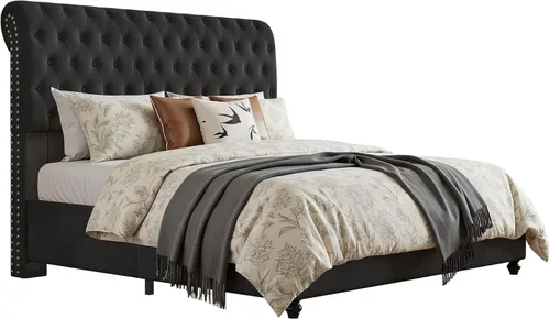 Vista 8 de Jocisland Base de cama Queen de 52.8 pulgadas, cabecera de trineo tapizada Negro