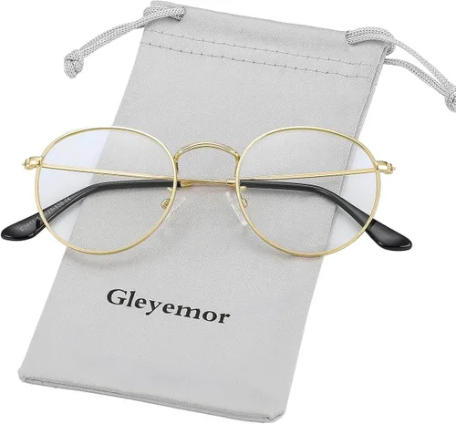 Vista 2 de Gleyemor Lentes transparentes para mujeres y hombres, lentes faciales falsos con marco de metal redondo clásico
