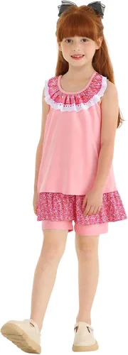 Vista 13 de LittleSpring Conjunto de verano para niñas con camiseta sin mangas y pantalones cortos florales