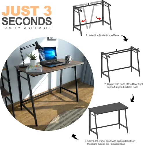 Vista 6 de ASTARTH Escritorio plegable de 40 pulgadas, mesa plegable que ahorra espacio, mesa de PC de estilo simple moderno, marco de metal negro, escritorio