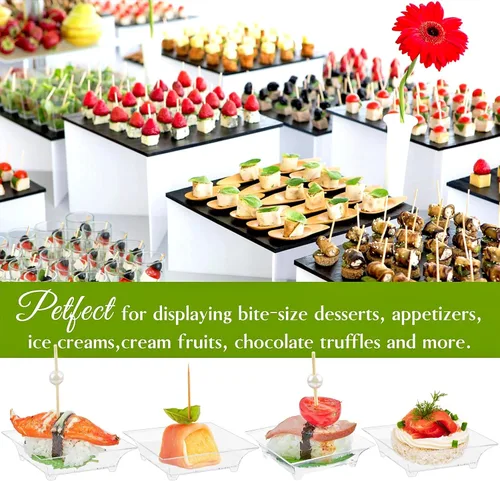 Vista 5 de Zezzxu 100 paquete de mini platos de postre con tenedores de degustación, 2.5 pulgadas pequeños platos cuadrados reutilizables de plástico