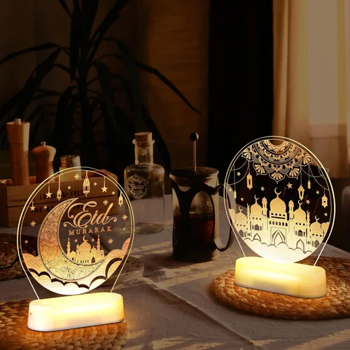 Vista 4 de 2 luces de decoración de Ramadán para el hogar, decoración de mesa Eid Mubarak, luces LED de noche de Ramadán, luna creciente, castillo, farol