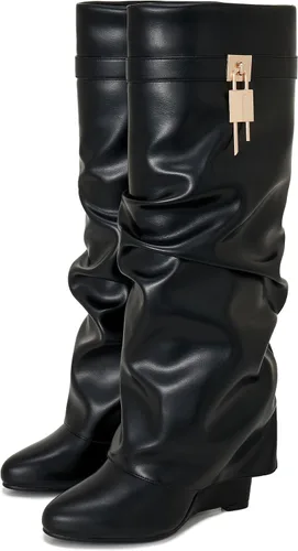 Vista 30 de Botas plegables puntiagudas con tacón de cuña para mujer, botas hasta la rodilla con diseño de candado y cremallera lateral Beige