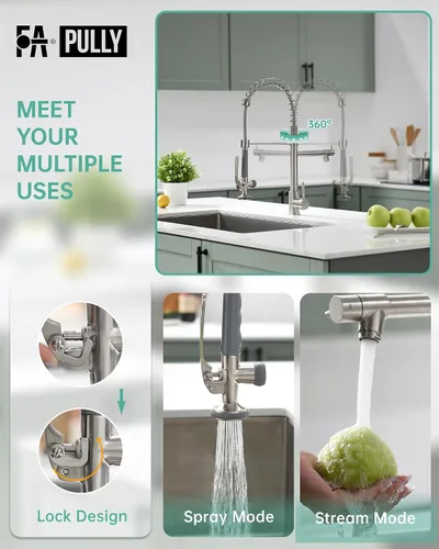 Vista 4 de Fapully - Grifo de fregadero de cocina comercial extraíble con espray níquel cepillado