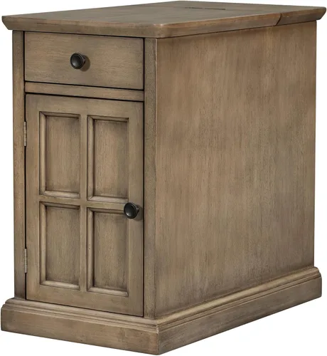 Vista 8 de Mesa auxiliar vintage para sala de estar, mesita de noche multifuncional con puertos USB y cajón con portavasos (marrón antiguo/USB*)