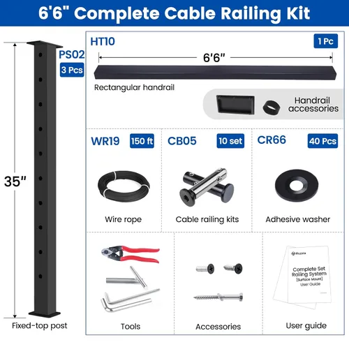 Vista 2 de Kit Completo de Barandilla de Cable Muzata de 3'-6'6'' Negro Kit de Sistema de Barandilla de Cable de 36 Pulgadas para Cubiertas con Poste de Mano