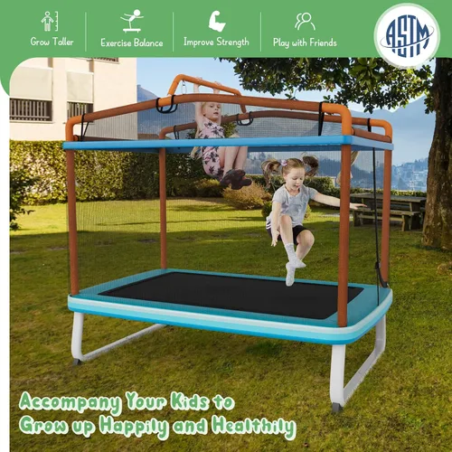 Vista 8 de Giantex - Cama elástica de 6 pies rectangular con columpio, cama elástica mini para niños aprobada por ASTM con red, barra horizontal, cierres