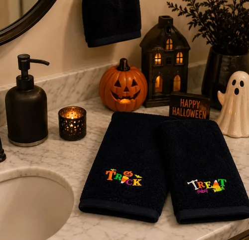 Vista 3 de Juego de 2 toallas de mano decorativas de Halloween, toallas de algodón de terciopelo de felpa negra con diseño bordado de truco o trato, toallas