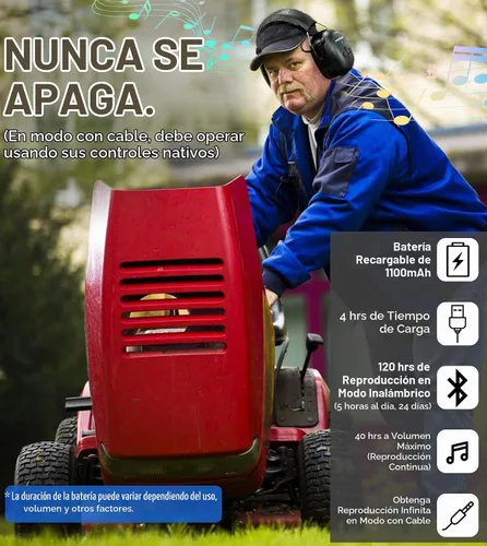Vista 6 de PROHEAR Auriculares de protección auditiva Bluetooth 5.0 037 con batería recargable de 1100 mAh, 25 dB NRR de reducción de ruido con tiempo
