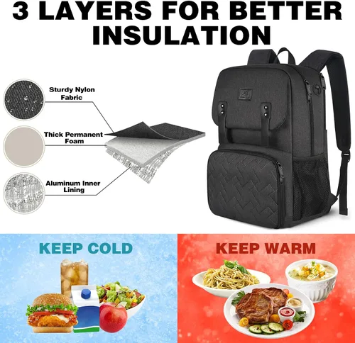 Vista 2 de Mochila de almuerzo para mujer, mochila térmica para computadora portátil con puerto de carga USB, bolsa impermeable para computadora de viaje