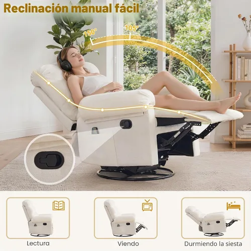 Vista 4 de Korser Silla reclinable giratoria de 360°, mecedora con masaje y calor, reclinables pequeños para espacios pequeños, silla reclinable manual