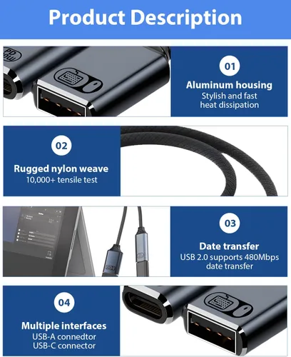 Vista 3 de Adaptador USB C a USB OTG, divisor USB-C 2 en 1 con puerto de carga rápida PD de 100 W y puerto USB hembra compatible con iPhone 16/15, iPad