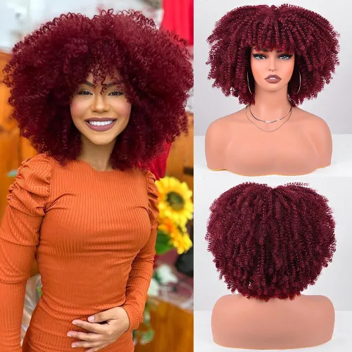 Vista 22 de Vitorish Peluca corta afro rizada con flequillo para mujeres negras, peluca sintética resistente al calor, color negro natural, para uso diario