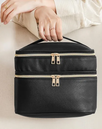 Vista 5 de HBlife Bolsa de maquillaje de viaje de doble capa, portátil, bonita bolsa de cosméticos de cuero, bolsa de maquillaje grande, estuche organizador