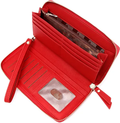 Vista 2 de GEEAD Billeteras para mujer de gran capacidad de piel sintética para tarjetas de crédito, Rojo