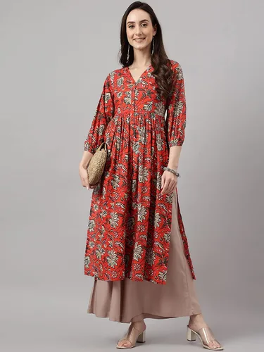 Vista 3 de Janasya Indian - Kurta de algodón naranja óxido con estampado floral para mujer