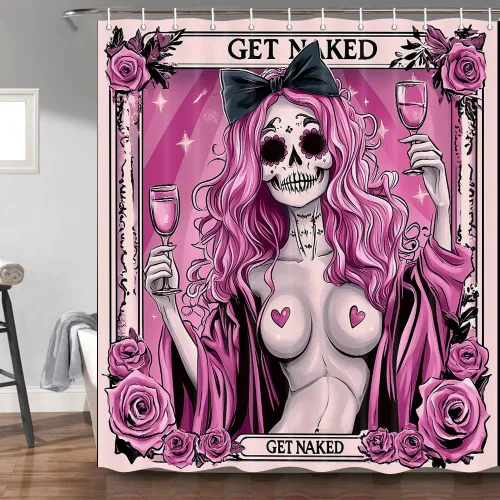 Vista 12 de Divertida cortina de ducha de esqueleto de calavera rosa, para Halloween, gótica, rosa, rojo, rosa, floral, vino tinto, terror, terror, cortina