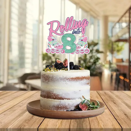 Vista 5 de Decoración de 8 pasteles con purpurina rosa para tartas para patines retro de los años 80 y 90, hip hop, patinaje sobre ruedas, suministros