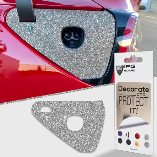 Vista 17 de IPG para Tesla Model 3/Y - Adhesivos de tapa de carga 2021-23 - Juego de pegatinas DIY - Aluminio cepillado oscuro