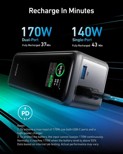 Vista 5 de Anker Prime Power Bank, cargador portátil de 27,650 mAh de 3 puertos y 250 W para viajes, aprobado por la TSA, aplicación inteligente, para MacBook