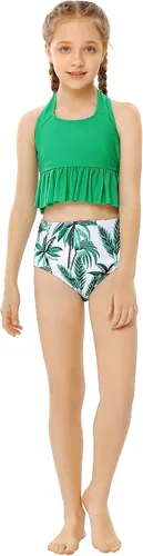 Vista 3 de GERU Traje de baño de 2 piezas con volantes y cuello halter de cintura alta para niñas