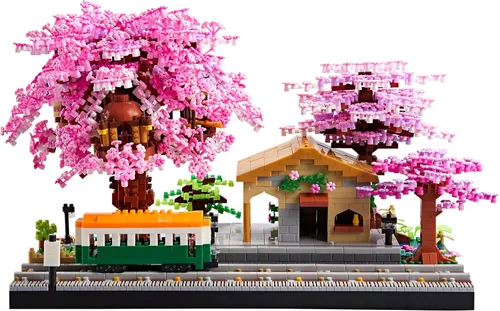 Vista 7 de Juego de bloques de construcción de micro bloques de construcción japoneses de cerezo en flor para adultos, modelo de mini ladrillos, casa
