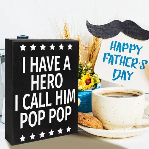 Vista 3 de Letrero de madera Pop Pop con texto en inglés "I Have a Hero I Call Him