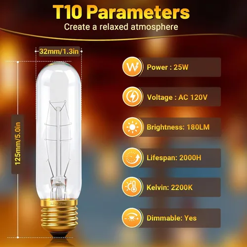 Vista 6 de Bombillas tubulares T10 de 25 W, bombilla incandescente, bombilla T10, 120 V, 25 W, 2200 K, bombillas de tubo E26, base media, regulables