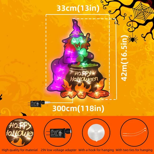 Vista 7 de Decoración de silueta de ventana de Halloween con 20 luces LED, decoración de Halloween (bruja)
