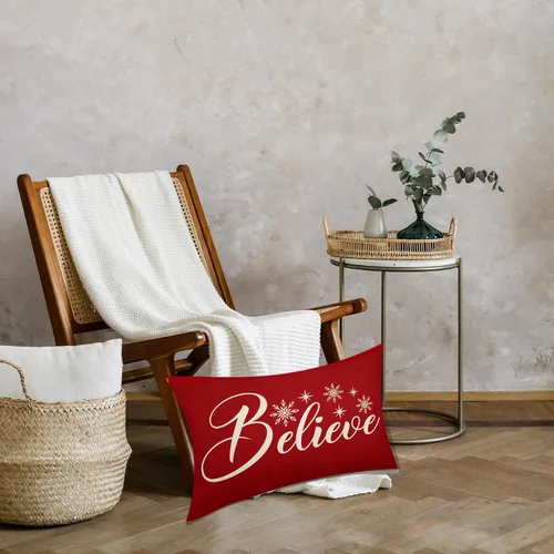 Vista 6 de Believe - Juego de 2 fundas de almohada lumbares de Navidad rojas rectangulares con copos de nieve para sofá, fundas de almohada de vacaciones