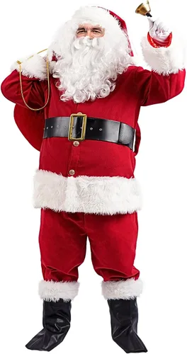 Vista 2 de Disfraz de Papá Noel para hombre, 11 piezas, de terciopelo rojo, traje de Papá Noel de Navidad para hombres adultos, conjunto de traje de Navidad