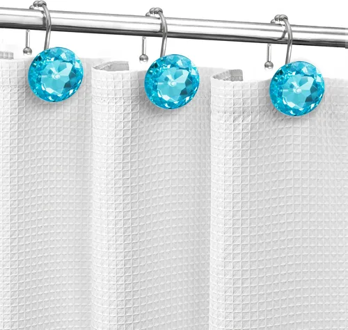 Vista 5 de Sunlit Diseño de Lujo Redondo Aqua Azul Diamante Cristal Gema Bling con Bolas Deslizantes Ganchos para Cortina de Ducha, Anillos para Cortina