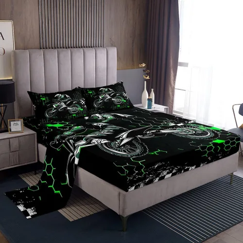 Vista 3 de Castle Fairy Juego de sábanas de motocross tamaño twin, juego de ropa de cama verde con diseño de panal ombré, decoración de habitación de niños
