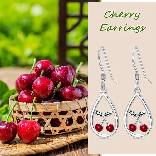 Vista 5 de NIFUNAO Aretes de cerezo de plata de ley con hoja verde y cereza roja, aretes colgantes de lágrima, aretes de fruta de cereza, regalos de joyería