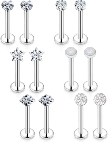 Vista 7 de Aretes de nariz de acero quirúrgico 316L con parte trasera plana de 16G, piercing de labio Medusa Labret Monroe, Tragus Forward Helix, Caracola