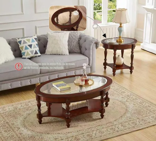 Vista 5 de Mesa auxiliar vintage de madera maciza con parte superior de cristal, mesa auxiliar ovalada para sofá para sala de estar, mesa auxiliar de silla