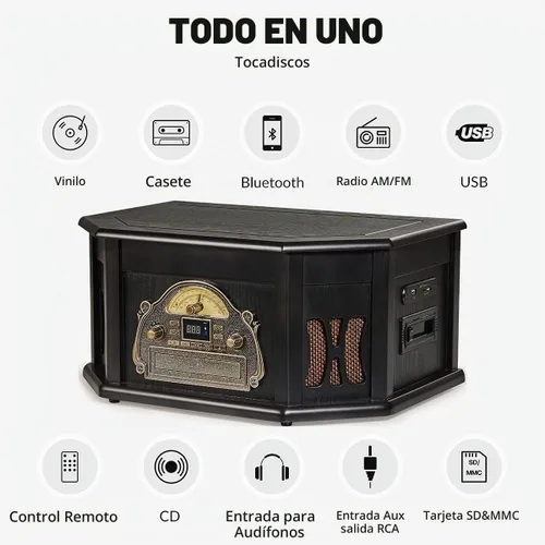 Vista 3 de ORCC Tocadiscos 10 en 1, tocadiscos nostálgicos para discos de vinilo con Bluetooth, 2 altavoces integrados, CD, cassette, radio AM/FM, USB, ranura