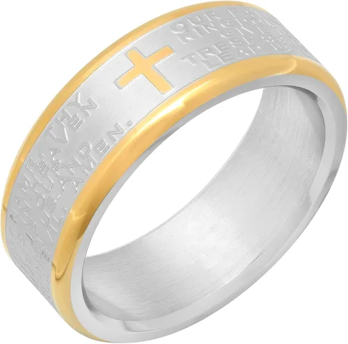 Vista 5 de STEEL NATION JEWELRY Anillo de boda de acero inoxidable de dos tonos de 0.315 in de plata y oro, con cruz y oración del Señor de la Biblia