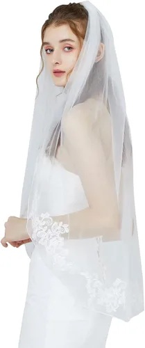Vista 3 de BEAUTELICATE Wedding Bridal Veil with Comb 1 Tier Lace Applique Edge Fingertip Length