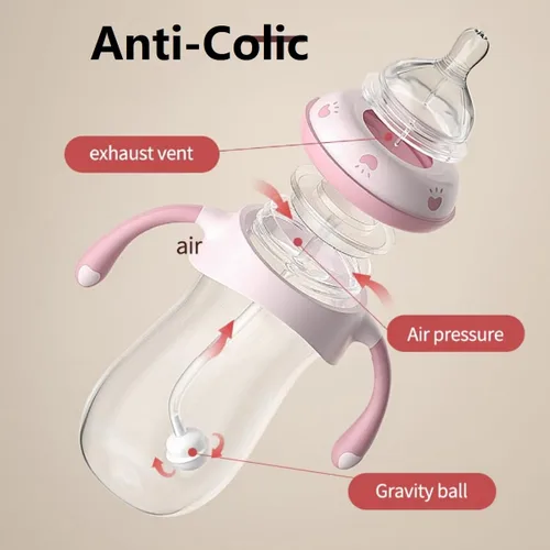 Vista 4 de Botellas para bebé Oberni, botellas de leche para niños con pajita con peso y asa antideslizante, tamaño + flujo rápido variable, 12+ meses, sin