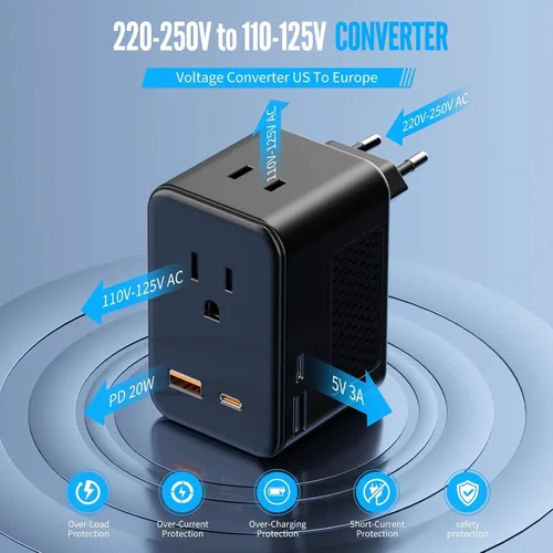 Vista 2 de Convertidor de voltaje de 220 V a 110 V de EE. UU. a Europa, adaptador de viaje convertidor de enchufe para Europa con 20 W PD y 2USB-A y 2USB-C
