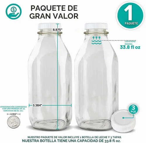 Vista 2 de Stock Your Home Botella de leche de vidrio de un litro con tapa (paquete de 1) jarras de 32 onzas y 3 tapas blancas, contenedor de leche