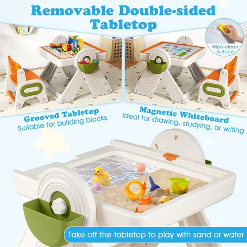 Vista 12 de Costzon Juego de mesa y silla 6 en 1 para niños, caballete de arte plegable con marcadores, borrador, 102 ladrillos compatibles, mesa de bloques