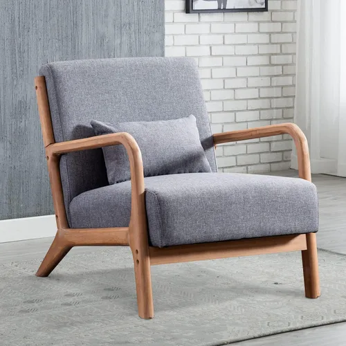 Vista 18 de INZOY Silla con acento moderno de mediados de siglo con marco de madera, sillas tapizadas para sala de estar con cojín lumbar, silla de lectura