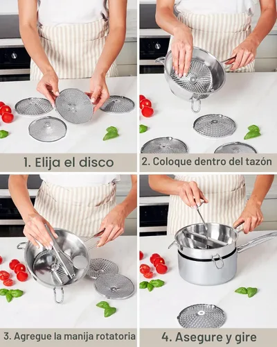Vista 6 de Molinillo de Alimentos de Acero Inoxidable con 4 Discos Mejorado – Diseño Rotatorio Ergonómico para Salsa de Tomate, Puré de Manzana, Comida